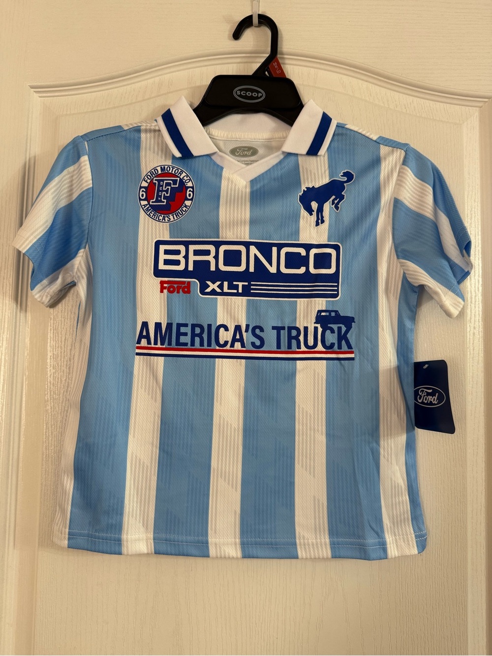 Ford Light Blue White Striped Collared Jersey NWT Sz 6/7. SP-114